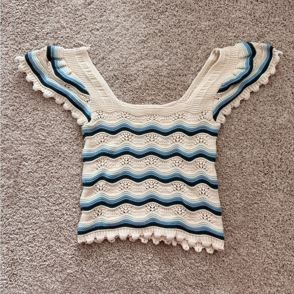 Cream and Blue Relaxed Sleeve Cropped Blouse